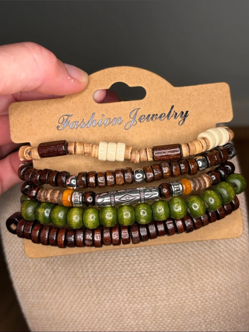 Boho Layered Wooden Bead Bracelet Set — Green & Brown